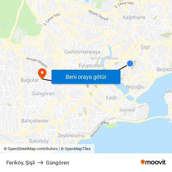 Feriköy, Şişli to Güngören map
