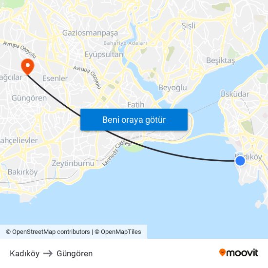 Kadıköy to Güngören map