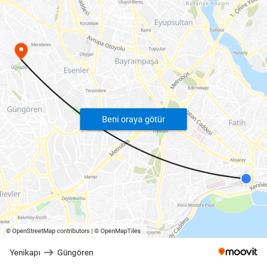 Yenikapı to Güngören map