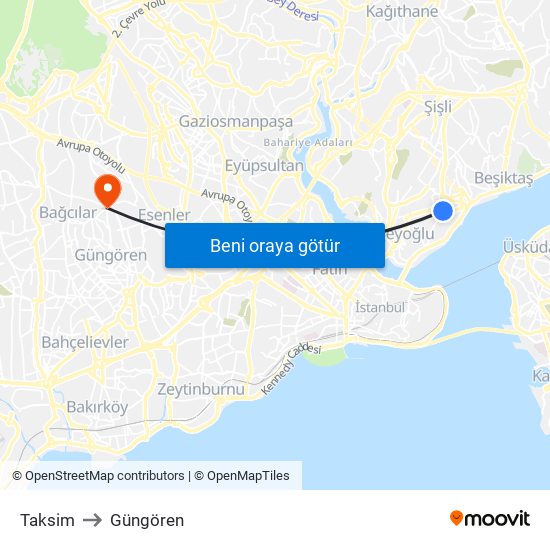 Taksim to Güngören map