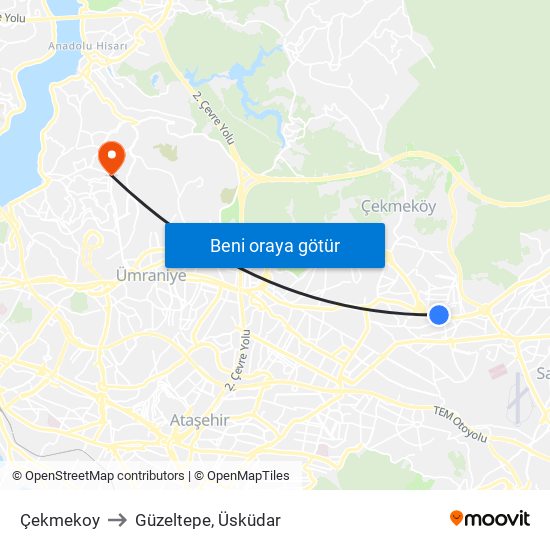 Çekmekoy to Güzeltepe, Üsküdar map