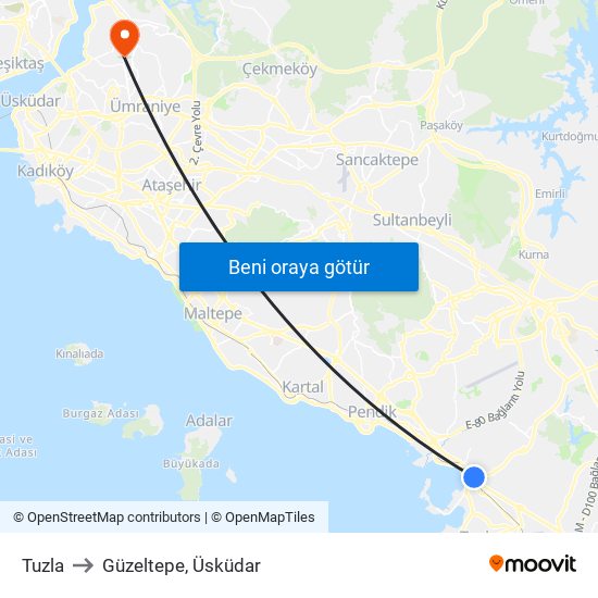 Tuzla to Güzeltepe, Üsküdar map