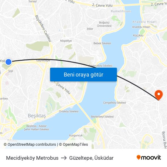 Mecidiyeköy Metrobus to Güzeltepe, Üsküdar map