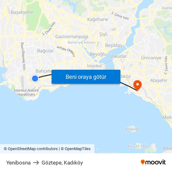 Yenibosna to Göztepe, Kadıköy map