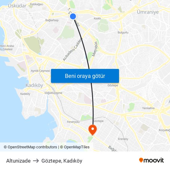 Altunizade to Göztepe, Kadıköy map