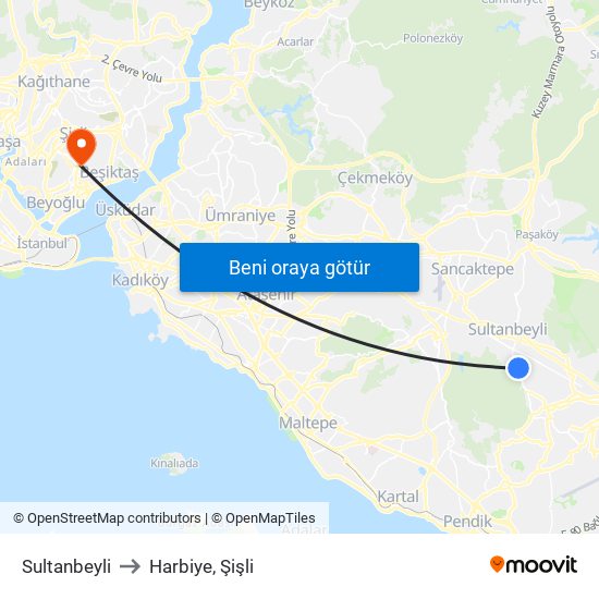 Sultanbeyli to Harbiye, Şişli map
