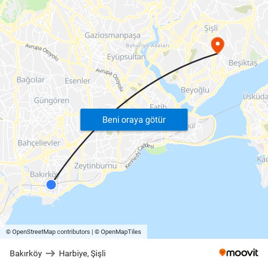 Bakırköy to Harbiye, Şişli map