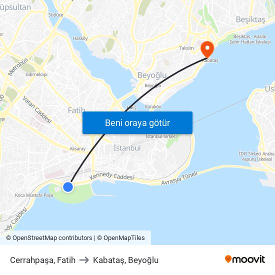 Cerrahpaşa, Fatih to Kabataş, Beyoğlu map