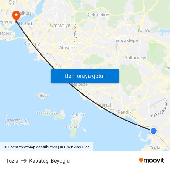 Tuzla to Kabataş, Beyoğlu map