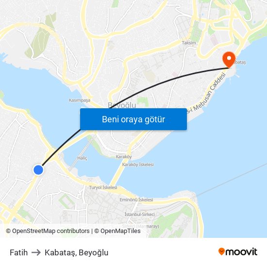 Fatih to Kabataş, Beyoğlu map