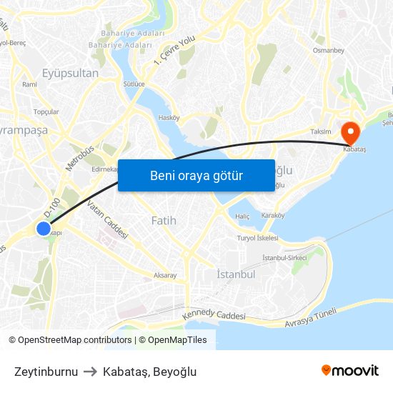Zeytinburnu to Kabataş, Beyoğlu map