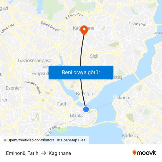 Eminönü, Fatih to Kagithane map