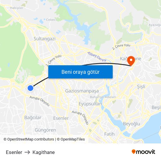 Esenler to Kagithane map