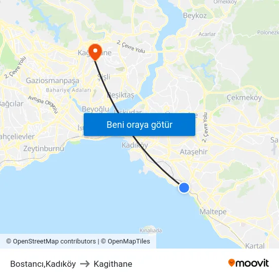Bostancı,Kadıköy to Kagithane map