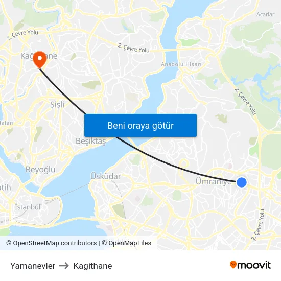 Yamanevler to Kagithane map