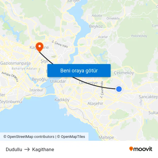 Dudullu to Kagithane map