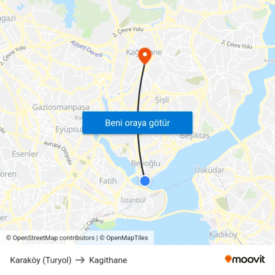 Karaköy (Turyol) to Kagithane map