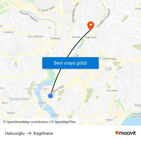 Halıcıoğlu to Kagithane map