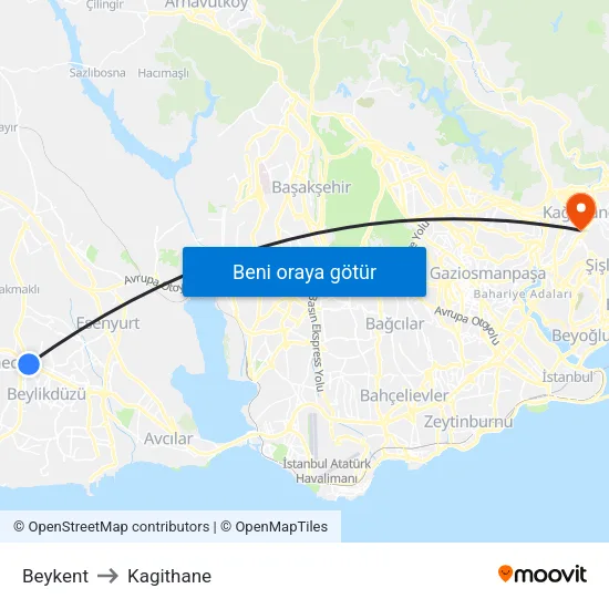 Beykent to Kagithane map