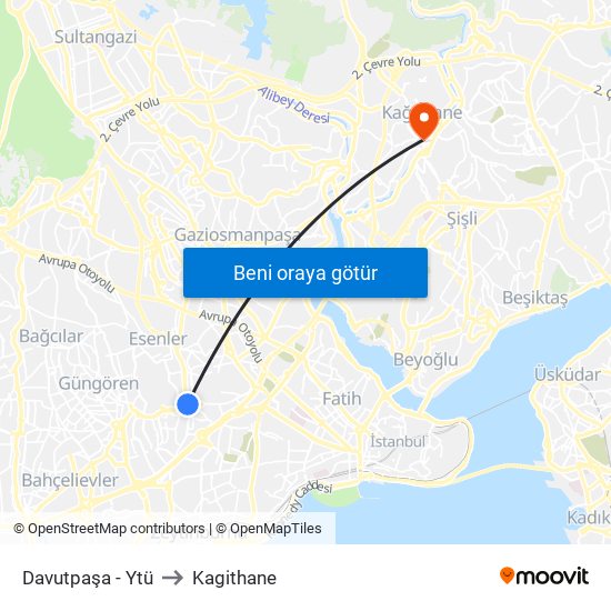 Davutpaşa - Ytü to Kagithane map