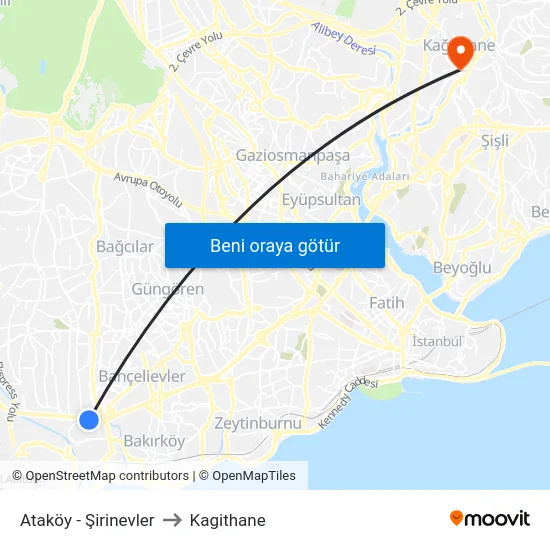 Ataköy - Şirinevler to Kagithane map