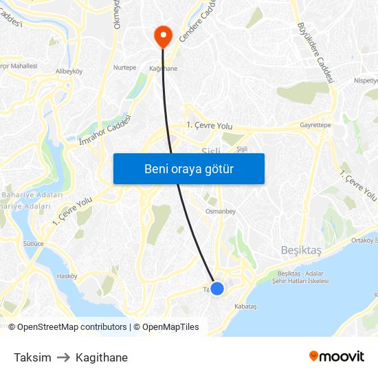Taksim to Kagithane map