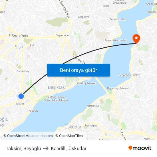 Taksim, Beyoğlu to Kandilli, Üsküdar map