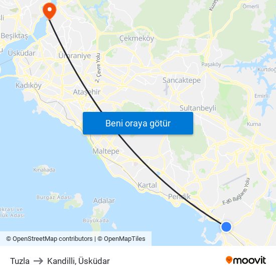 Tuzla to Kandilli, Üsküdar map