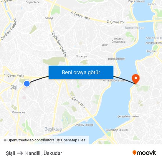 Şişli to Kandilli, Üsküdar map