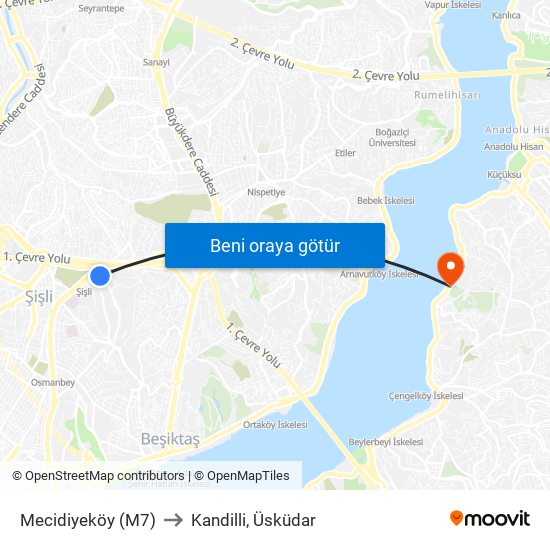 Mecidiyeköy (M7) to Kandilli, Üsküdar map