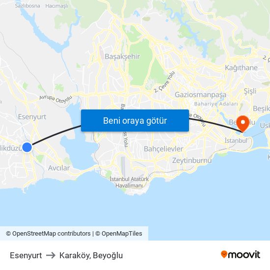 Esenyurt to Karaköy, Beyoğlu map
