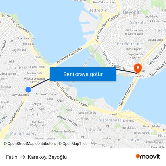 Fatih to Karaköy, Beyoğlu map