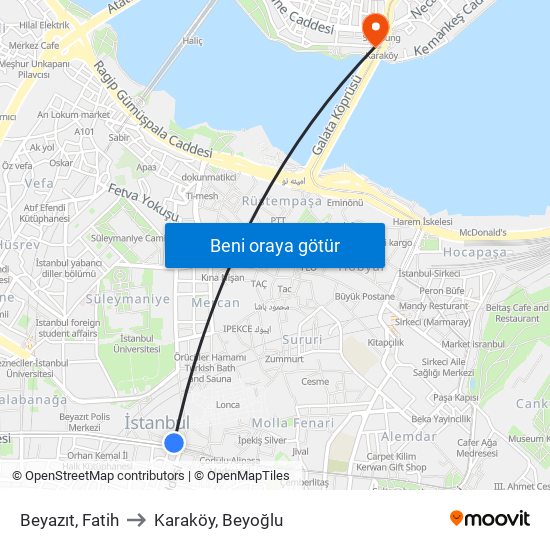 Beyazıt, Fatih to Karaköy, Beyoğlu map