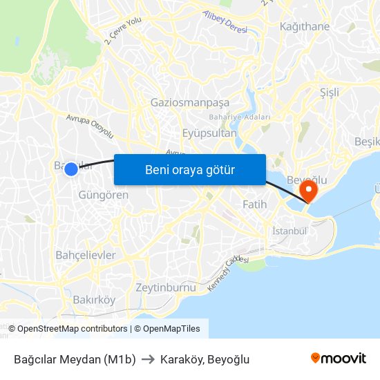 Bağcılar Meydan (M1b) to Karaköy, Beyoğlu map