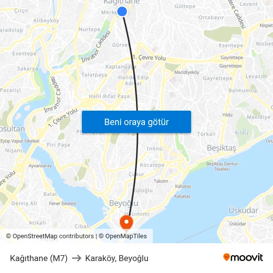 Kağıthane (M7) noktasından Karaköy, Beyoğlu noktasına toplu taşıma ile ...