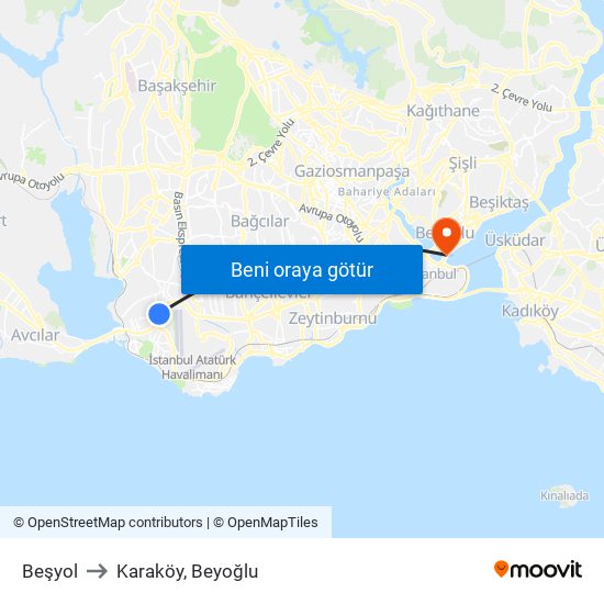 Beşyol to Karaköy, Beyoğlu map