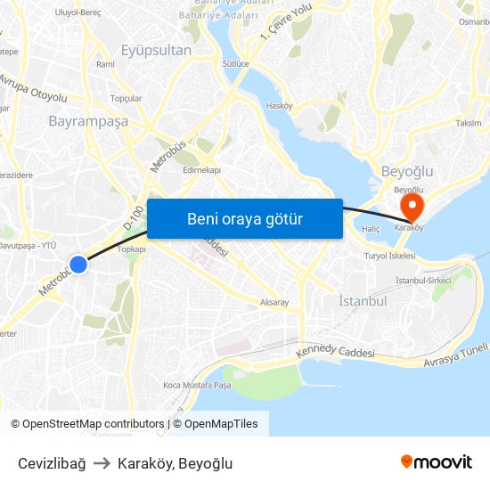 Cevizlibağ to Karaköy, Beyoğlu map