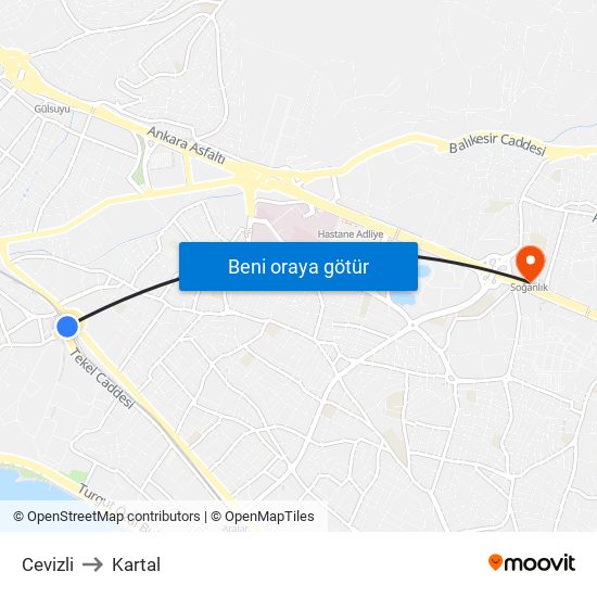 Cevizli to Kartal map