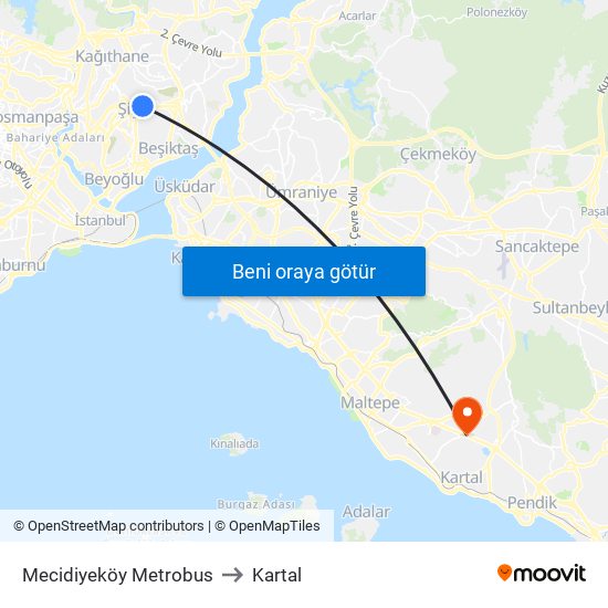 Mecidiyeköy Metrobus to Kartal map