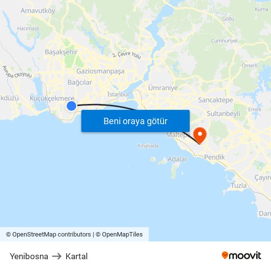 Yenibosna to Kartal map