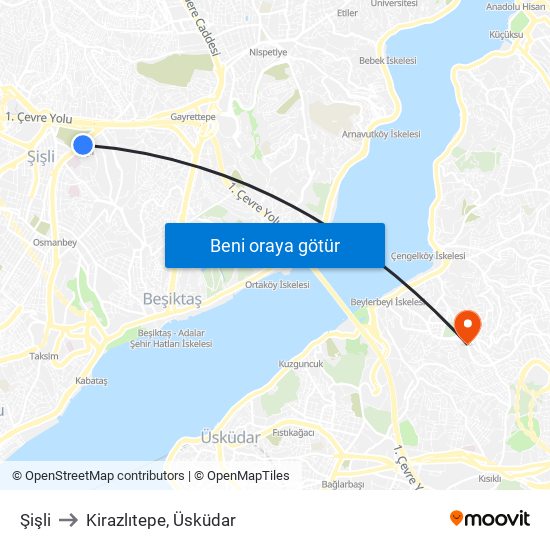 Şişli to Kirazlıtepe, Üsküdar map