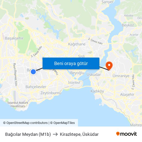 Bağcılar Meydan (M1b) to Kirazlıtepe, Üsküdar map