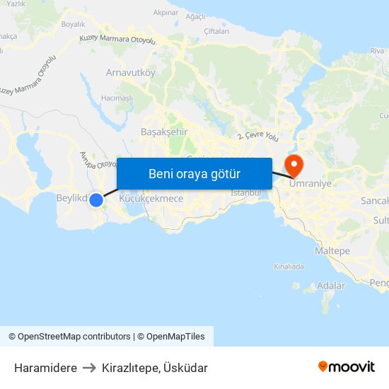 Haramidere to Kirazlıtepe, Üsküdar map