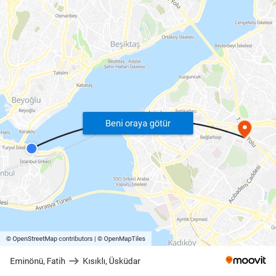 Eminönü, Fatih to Kısıklı, Üsküdar map