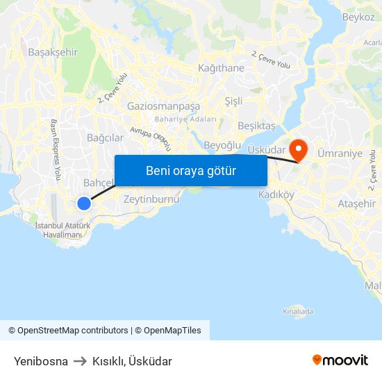 Yenibosna to Kısıklı, Üsküdar map