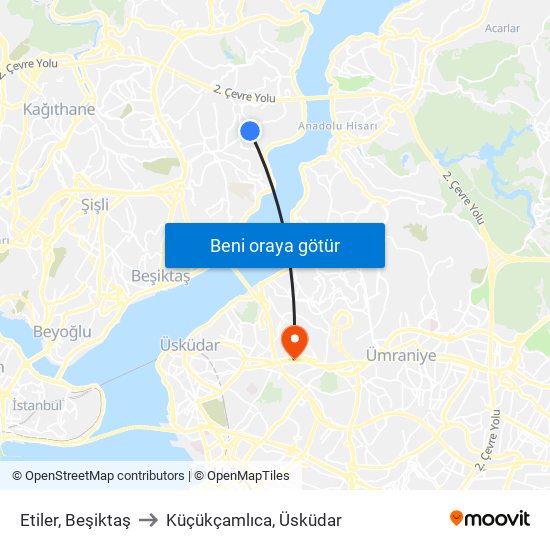 Etiler, Beşiktaş to Küçükçamlıca, Üsküdar map