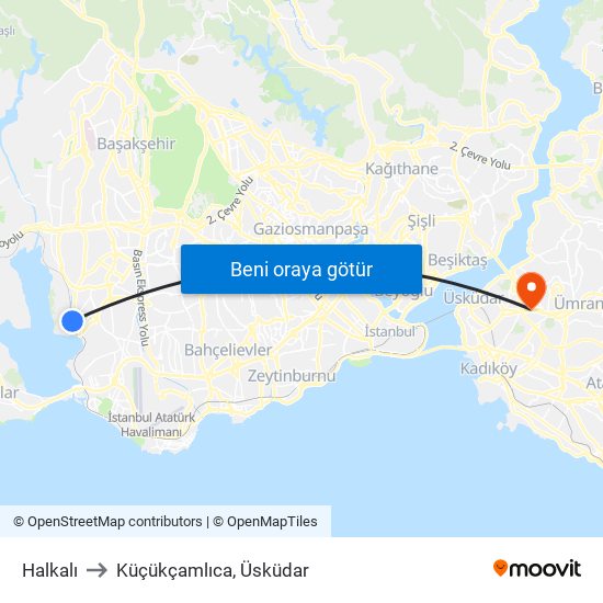 Halkalı to Küçükçamlıca, Üsküdar map