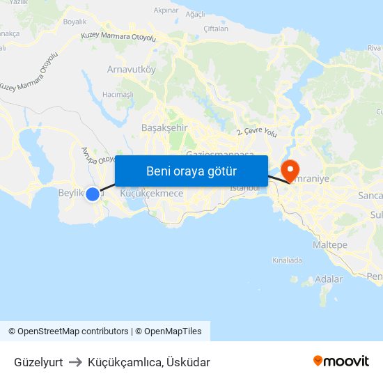 Güzelyurt to Küçükçamlıca, Üsküdar map