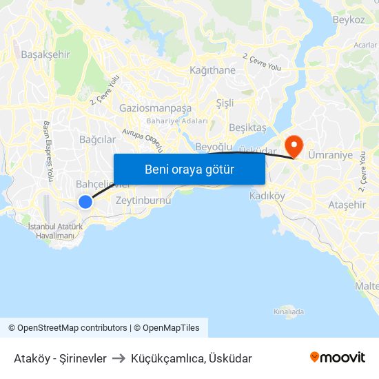 Ataköy - Şirinevler to Küçükçamlıca, Üsküdar map