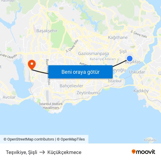 Teşvikiye, Şişli to Küçükçekmece map